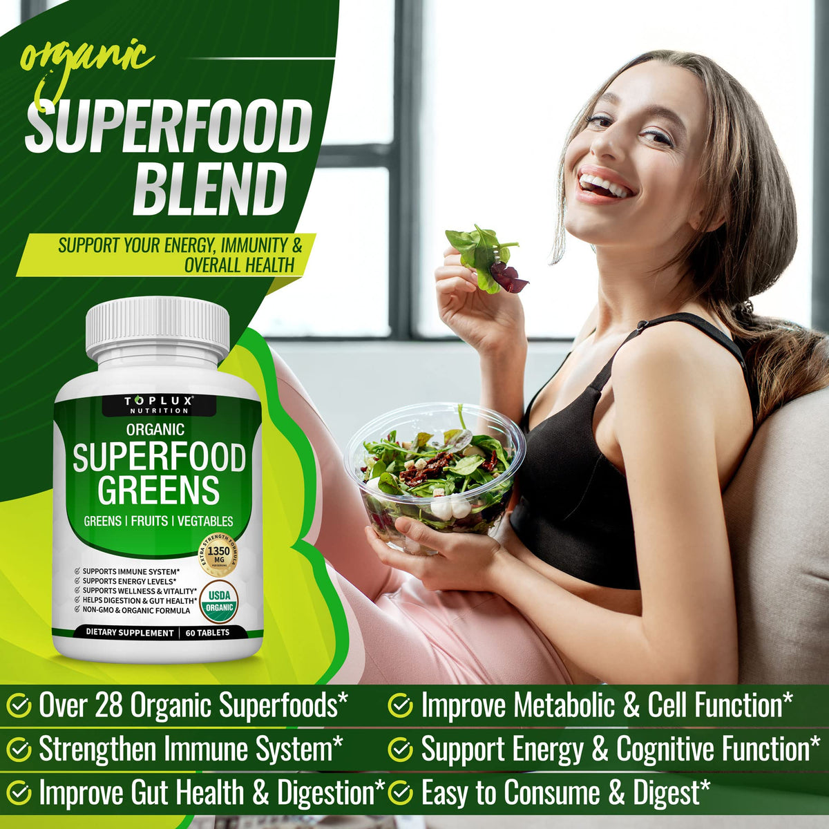 Organic Super Greens Capsules Superfood Supplement 60 Tablets J6003