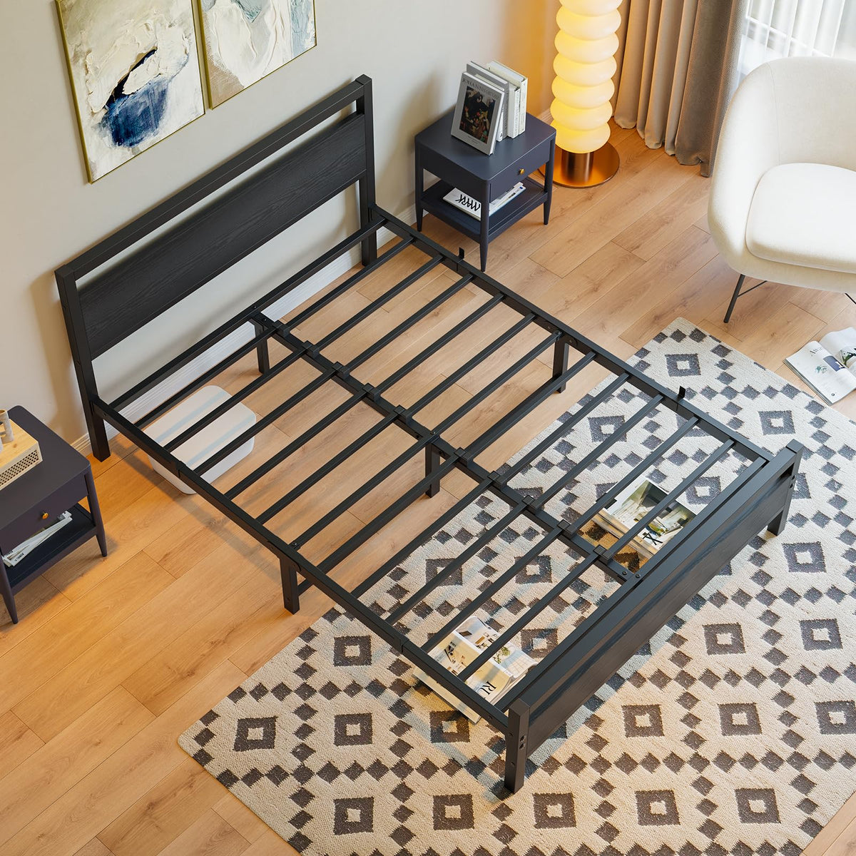 Black Full Size Bed Frame with Wood Headboard and Storage E493