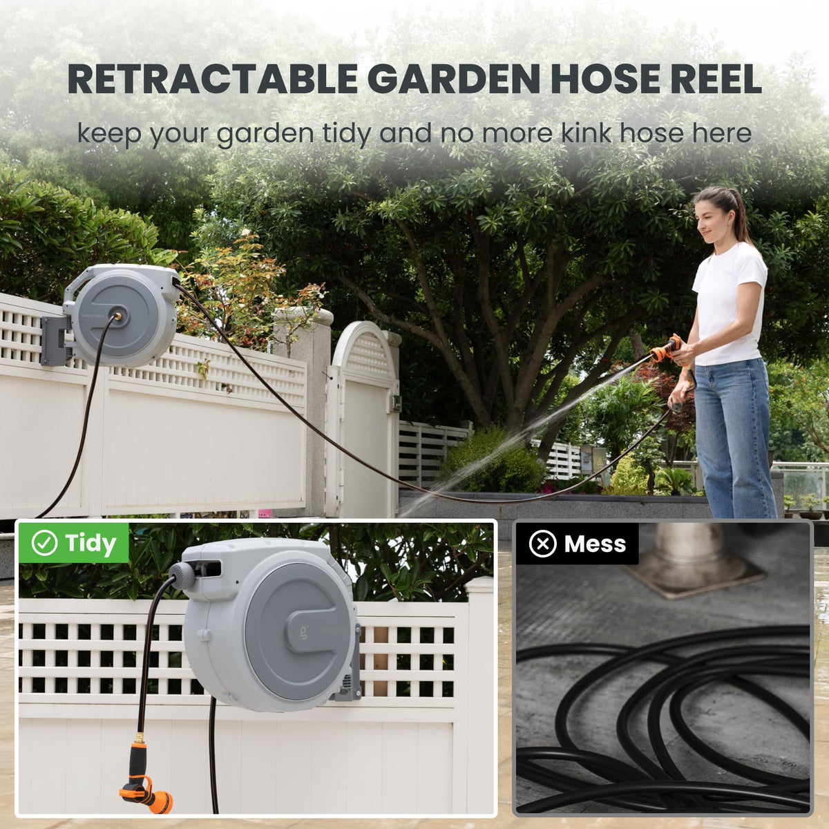 Retractable Garden Hose Reel 1/2" 130FT Wall Mount Light Grey G669