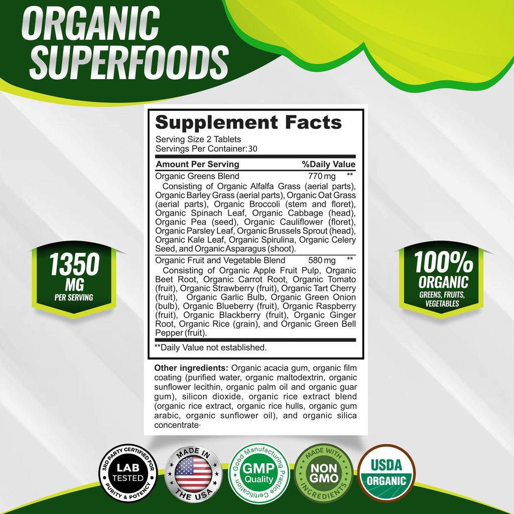 Organic Super Greens Capsules Superfood Supplement 60 Tablets J6003