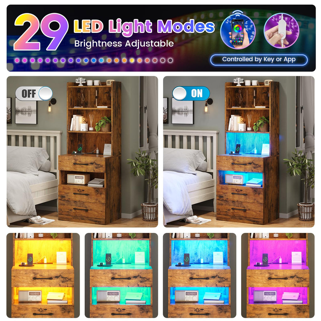 Tall Nightstand with Charging Station and LED Lights, 3 Drawers, Bookshelf J874795