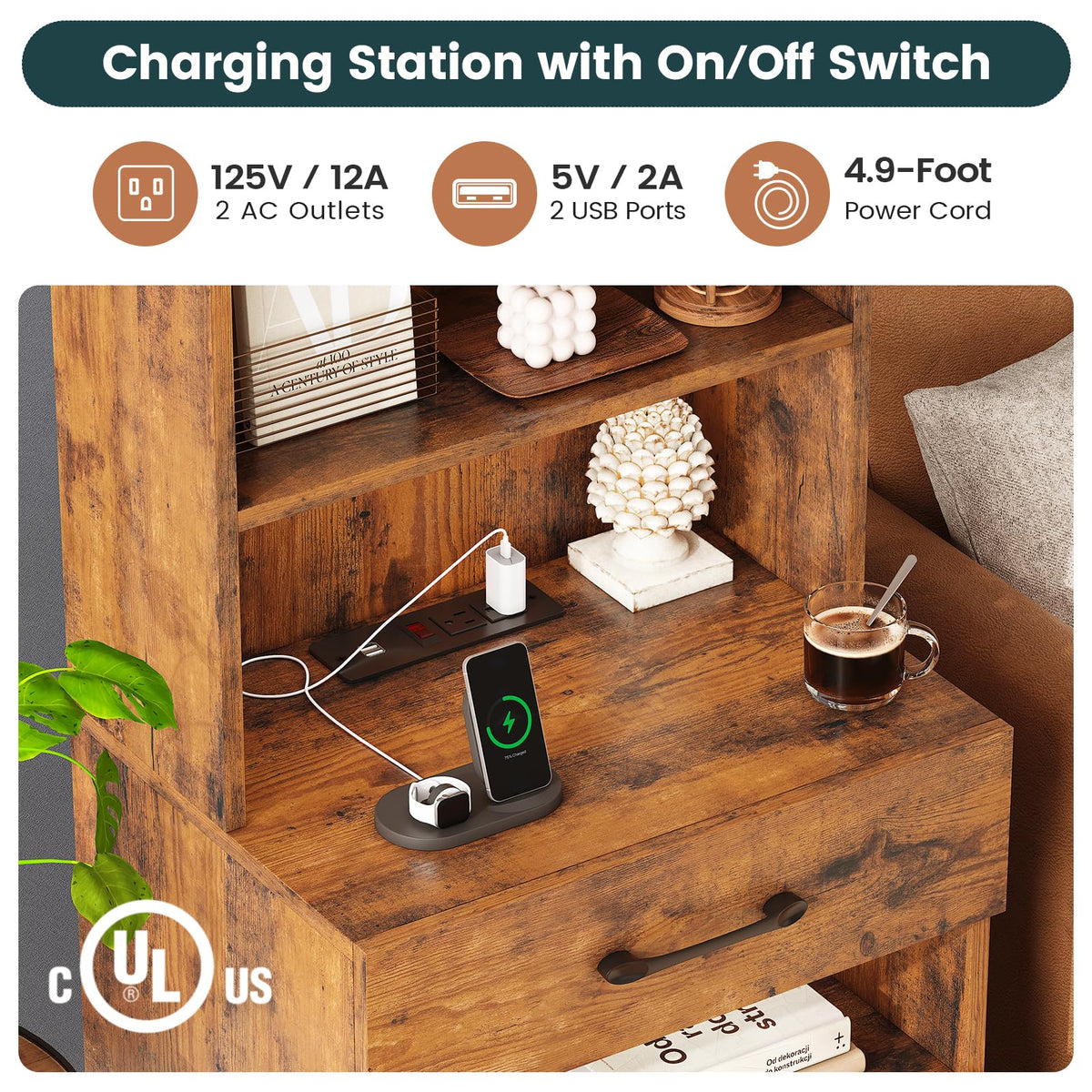 Tall Nightstand with Charging Station and LED Lights, 3 Drawers, Bookshelf J874795