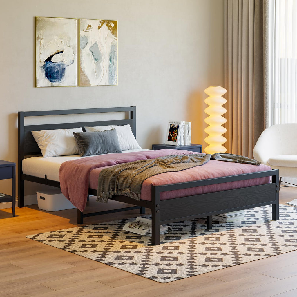 Black Full Size Bed Frame with Wood Headboard and Storage E493