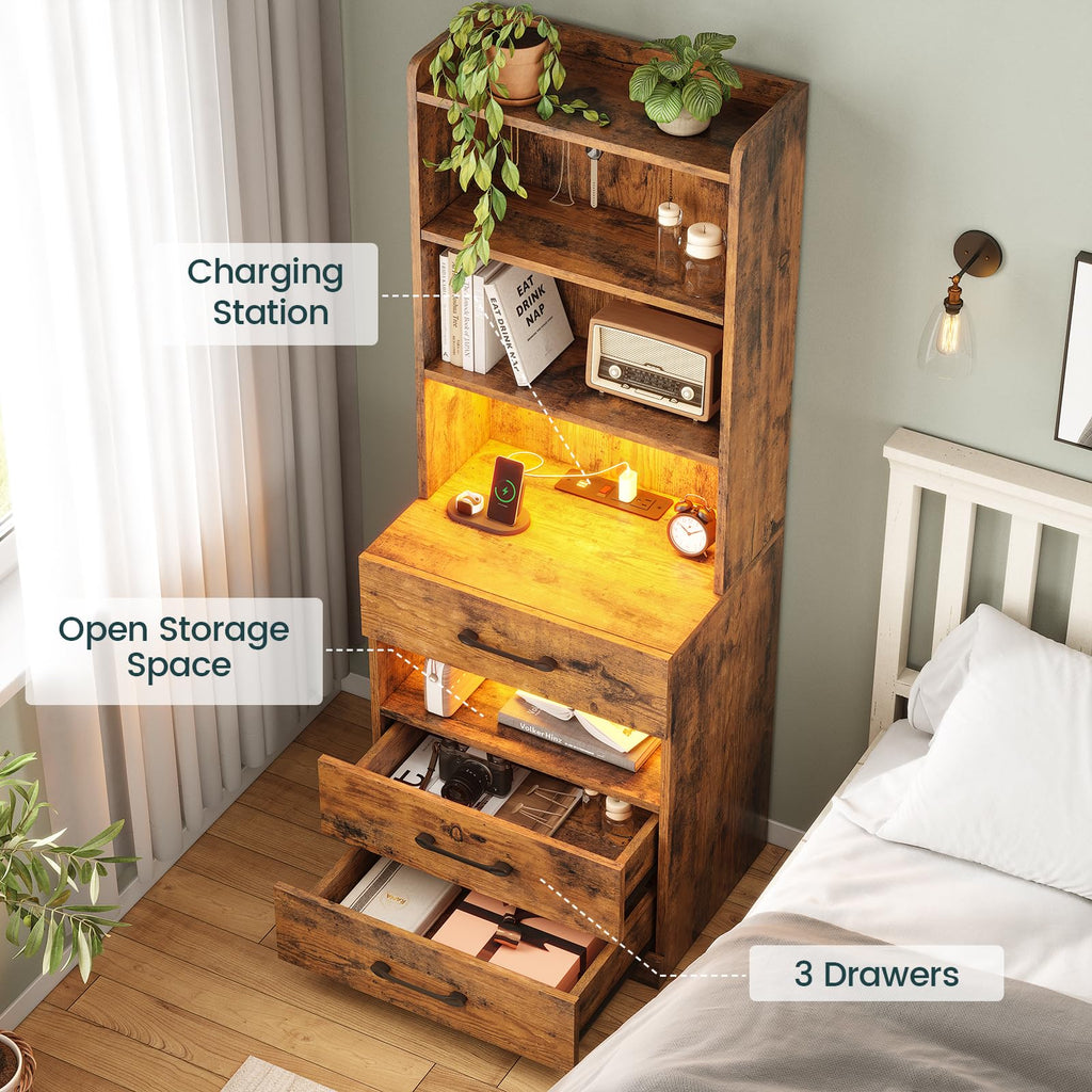 Tall Nightstand with Charging Station and LED Lights, 3 Drawers, Bookshelf J874795