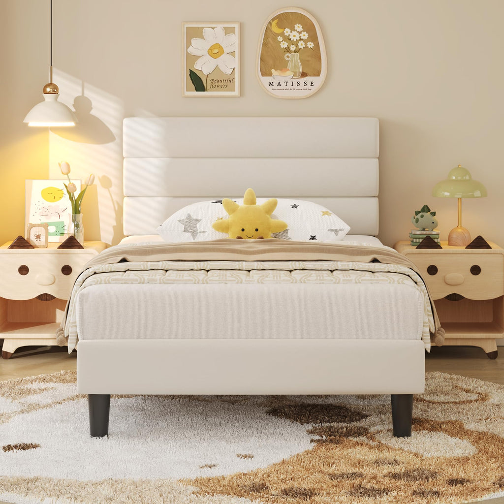 Beige Velvet Upholstered Twin Platform Bed Frame L544