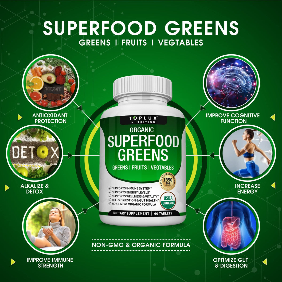Organic Super Greens Capsules Superfood Supplement 60 Tablets J6003