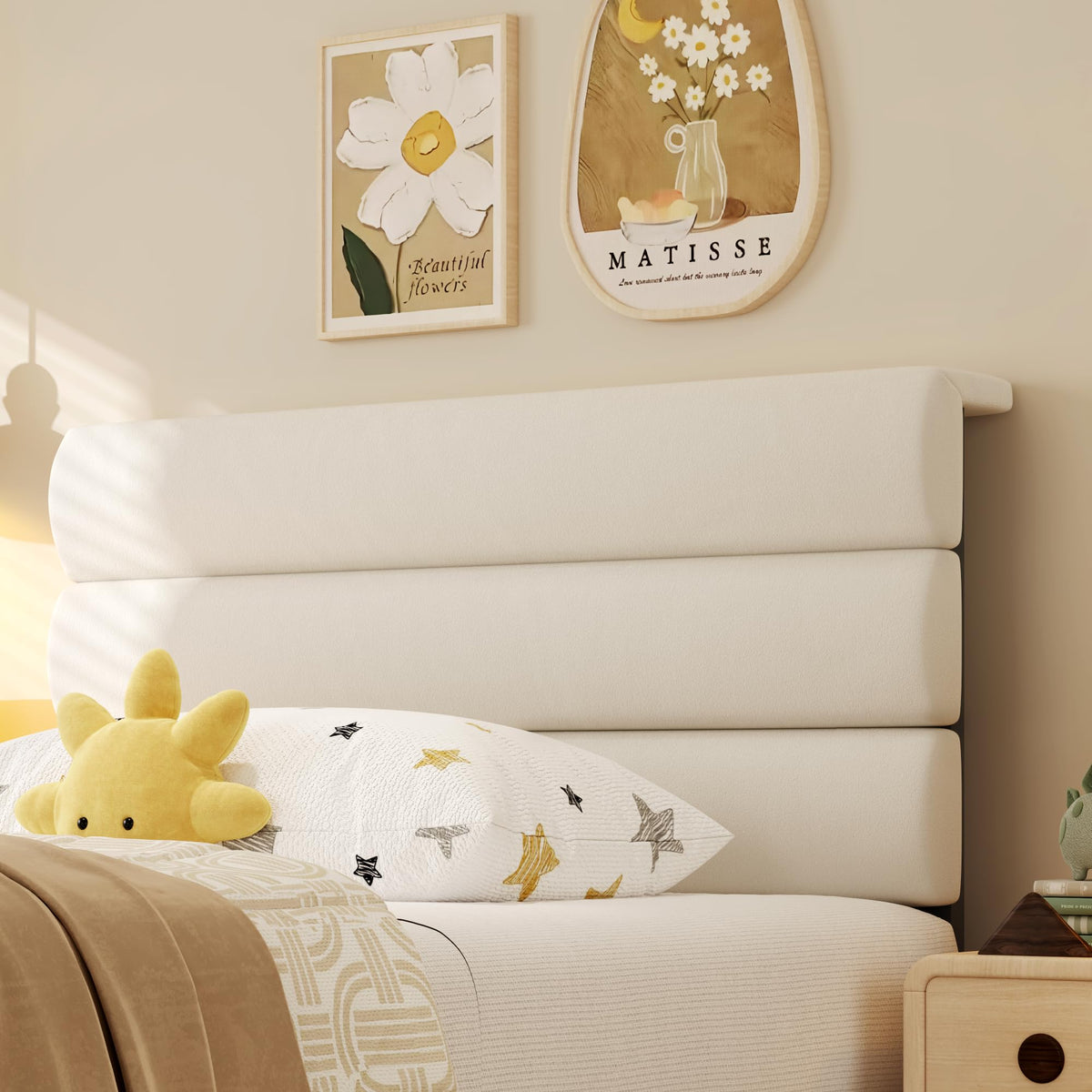 Beige Velvet Upholstered Twin Platform Bed Frame L544