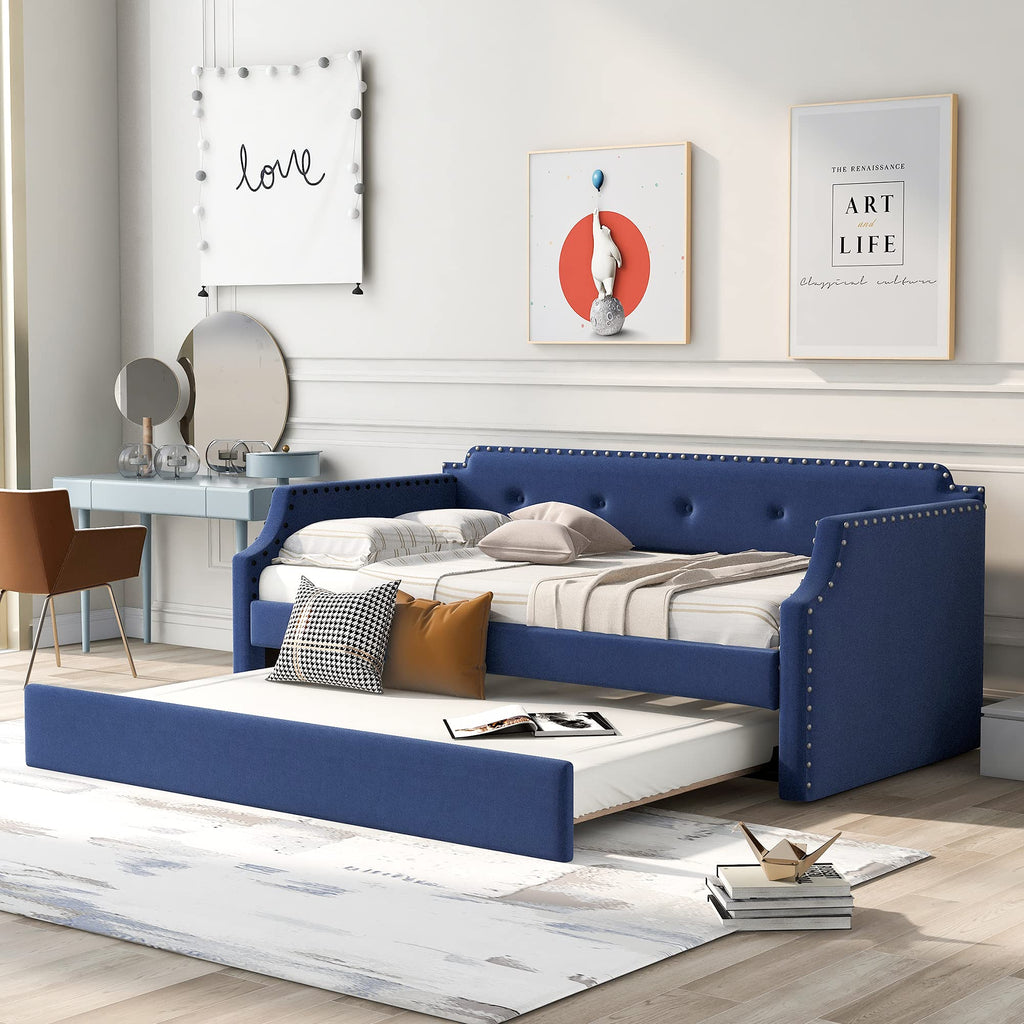Blue Upholstered Daybed with Trundle R448