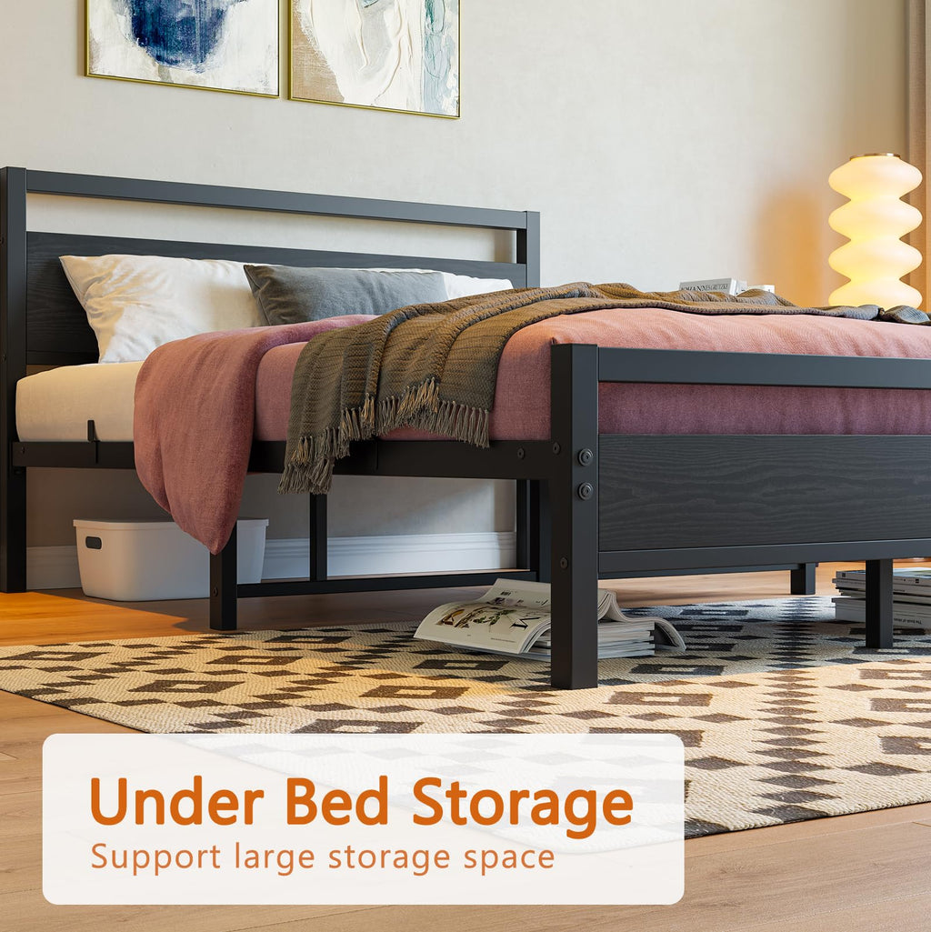 Black Full Size Bed Frame with Wood Headboard and Storage E493