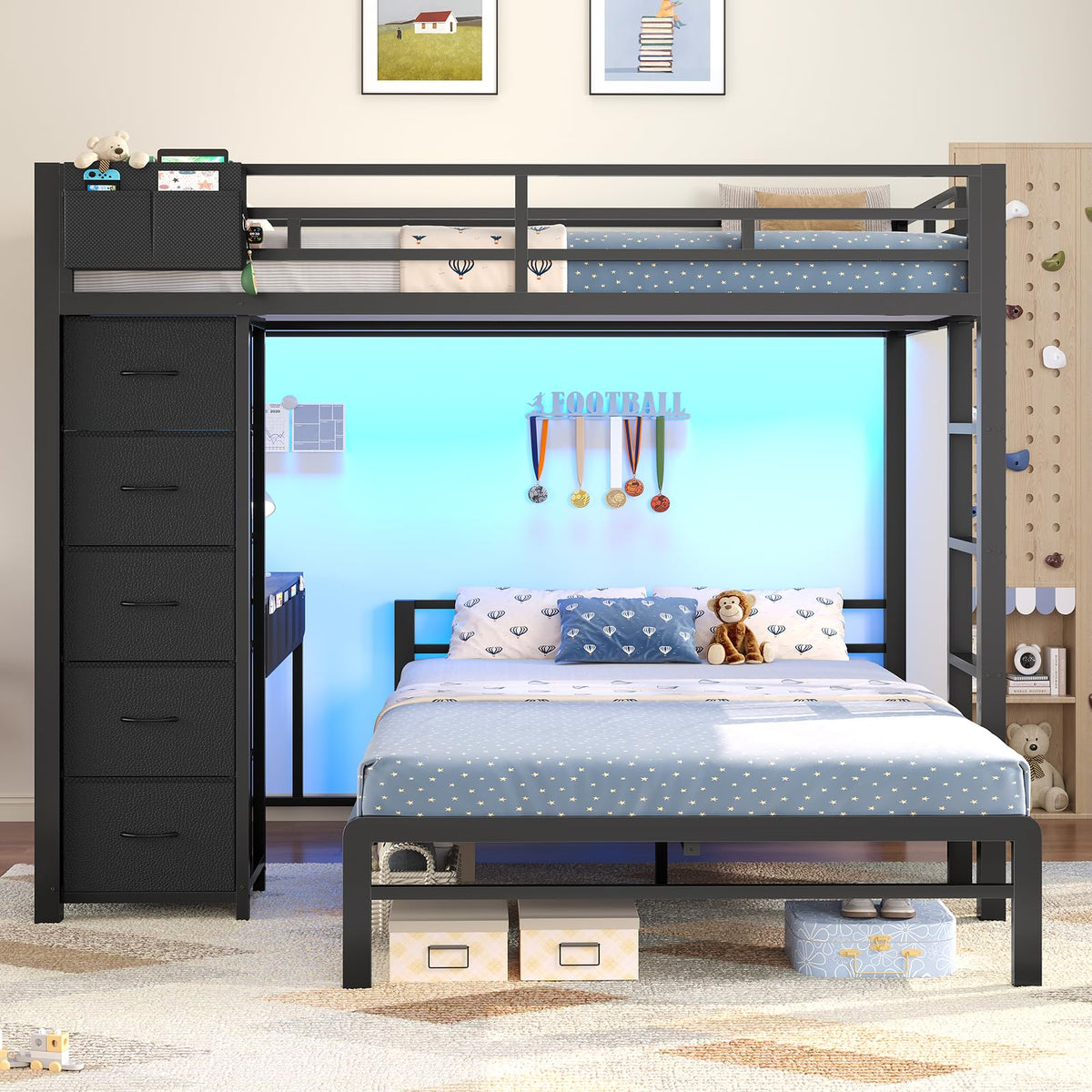 Full Size Bunk Bed with Desk, 5 Drawers, Black Q302579