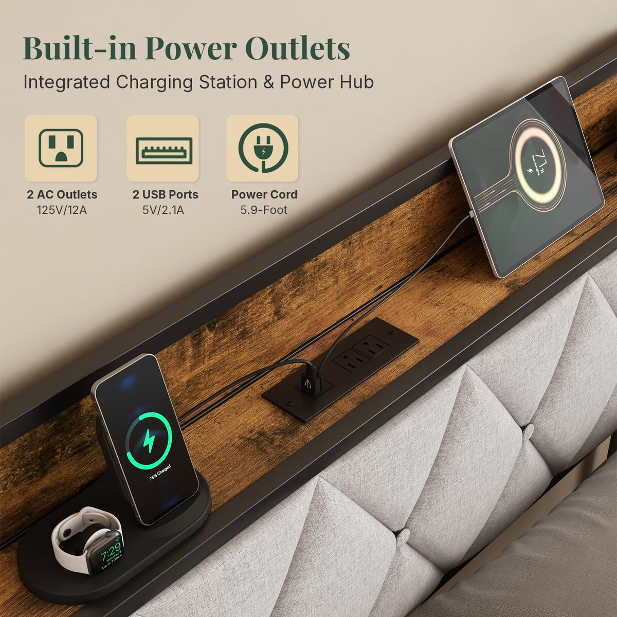 Twin Bed Frame with Headboard and Charging Plug T8539