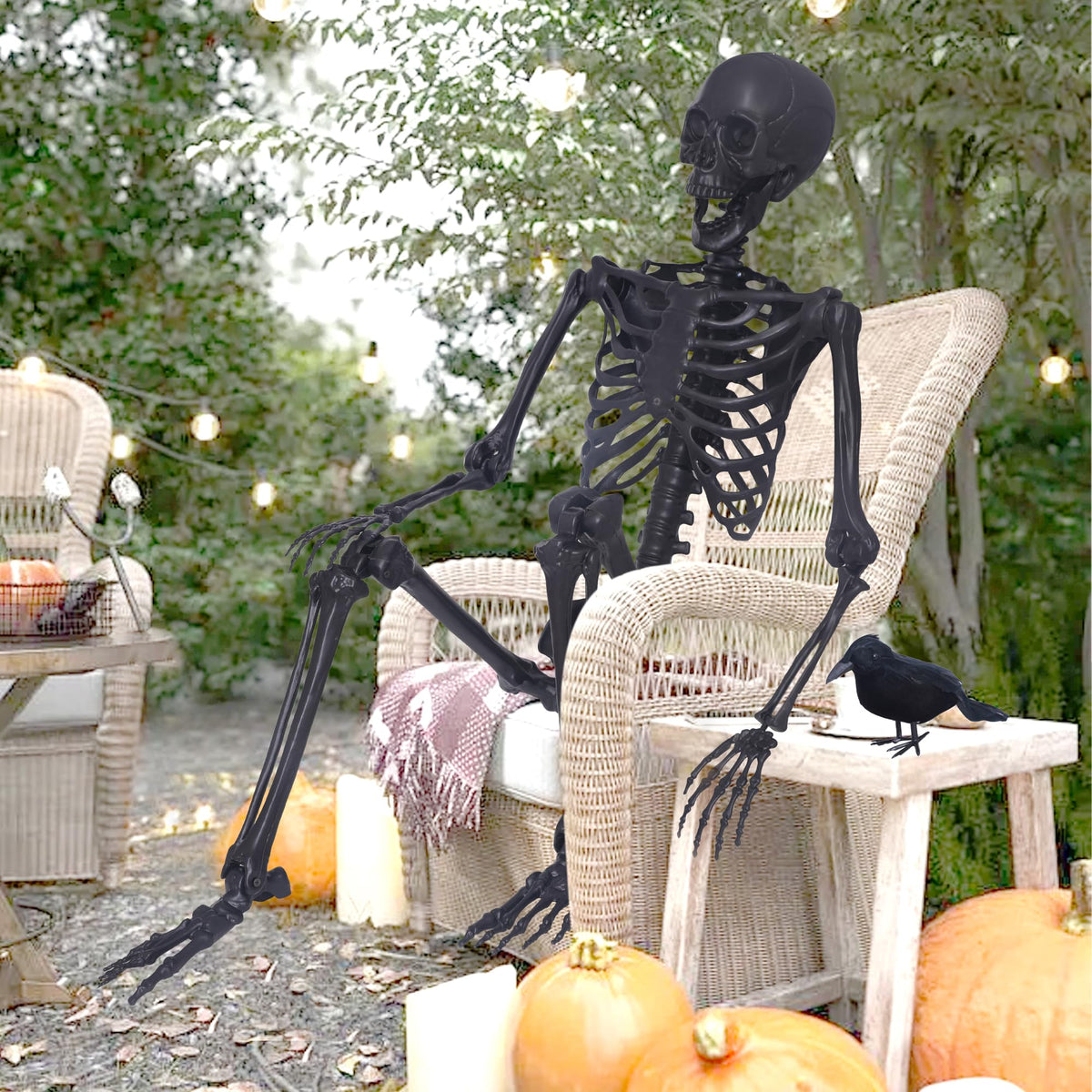 5.4Ft Posable Skeleton with Movable Joints and 2PC Black Feathered Crows X6026