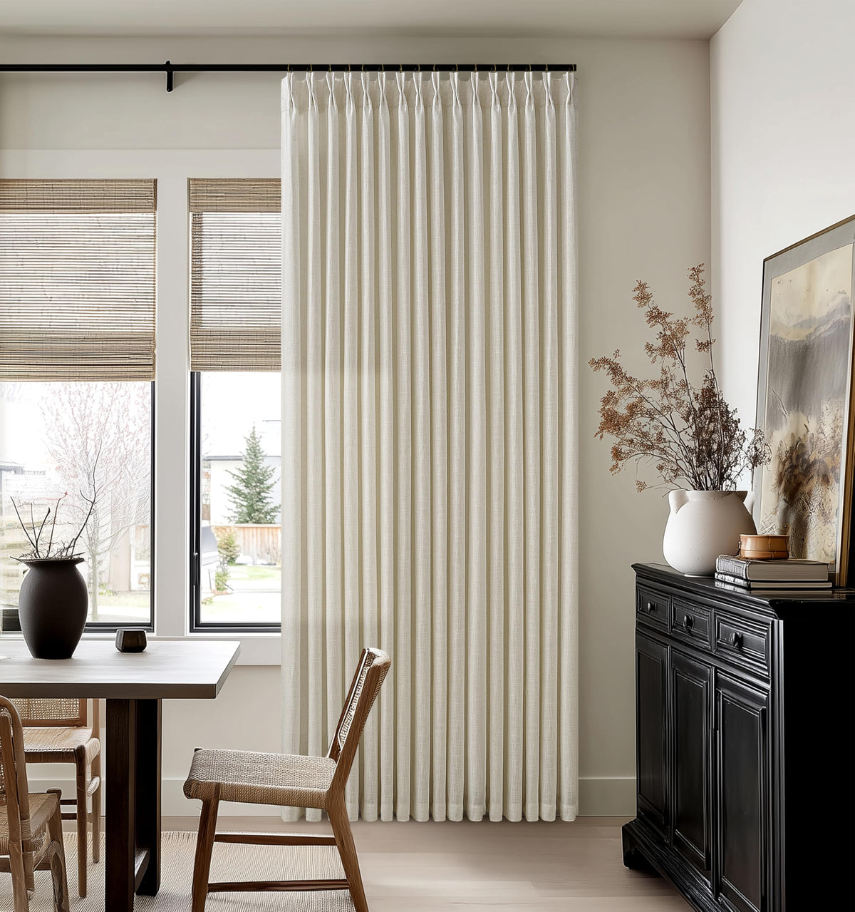 Beige Linen Pleated Light Filtering Curtains W1512