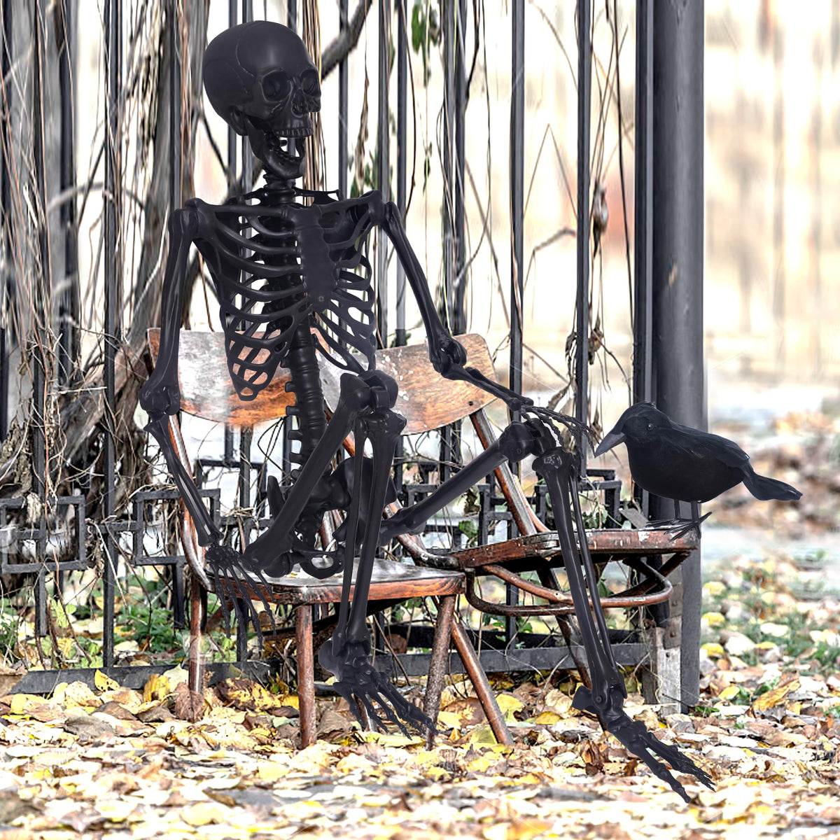 5.4Ft Posable Skeleton with Movable Joints and 2PC Black Feathered Crows X6026