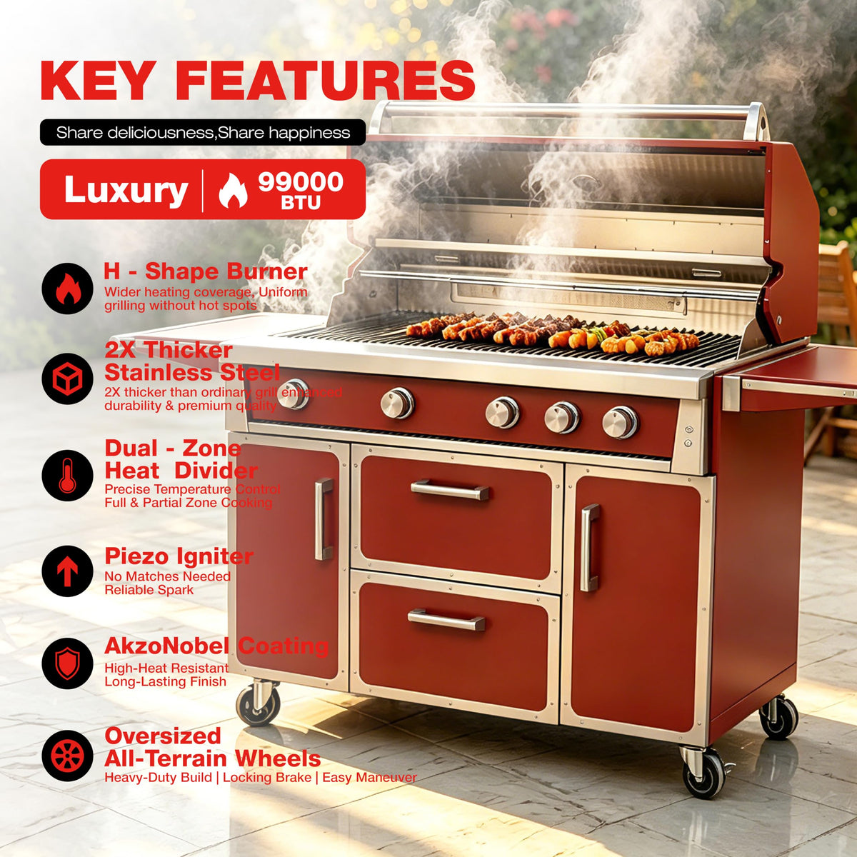 49" 5-Burner Red Propane Gas BBQ Grill X4905