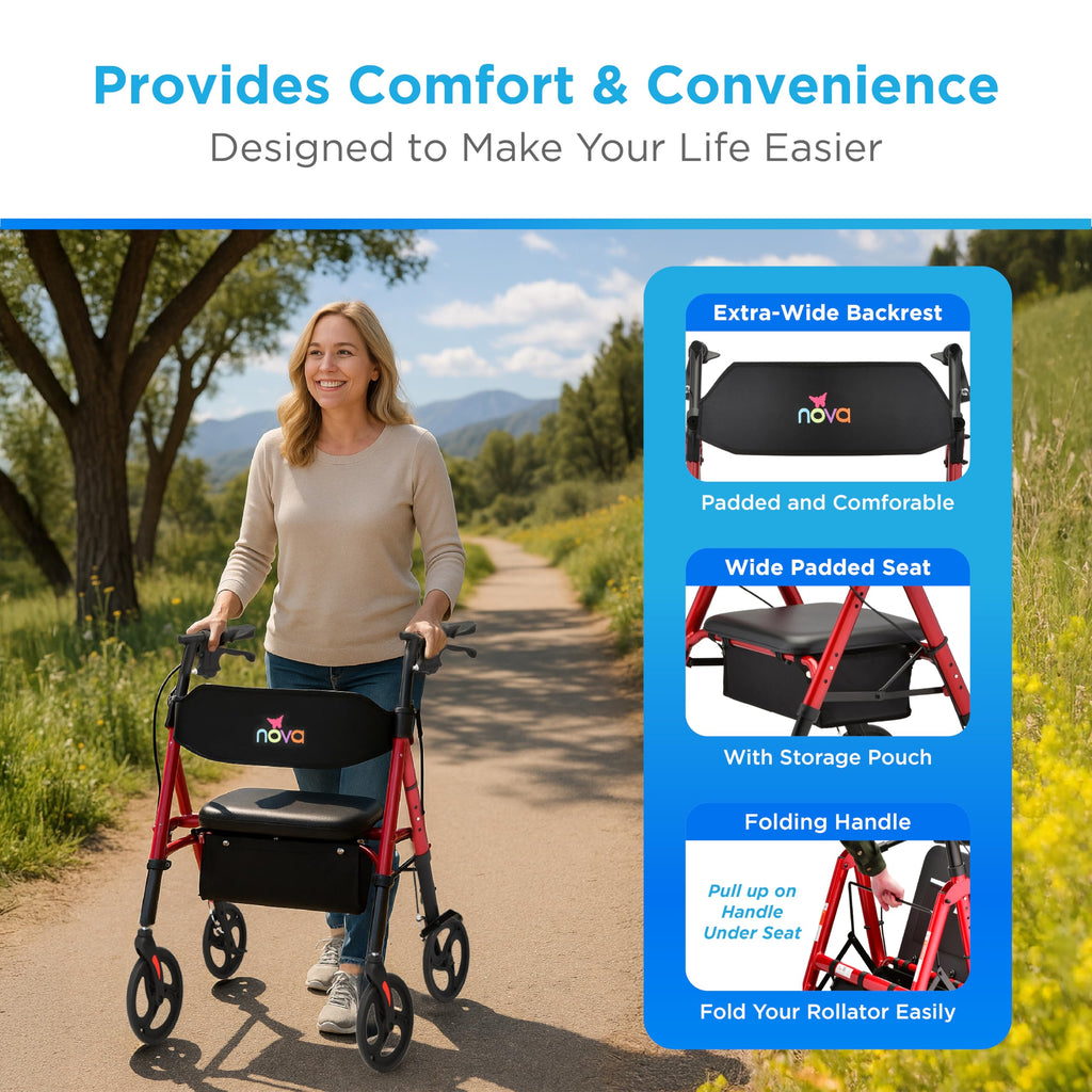 Foldable Rollator Walker with Seat, 8” All-Terrain Wheels, Red B586743