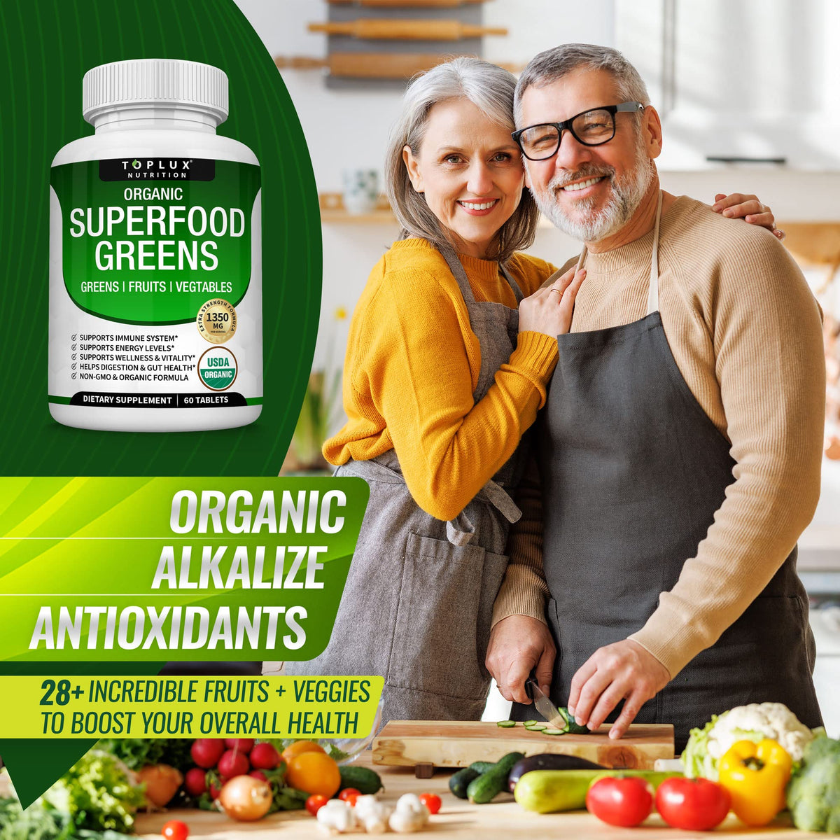 Organic Super Greens Capsules Superfood Supplement 60 Tablets J6003